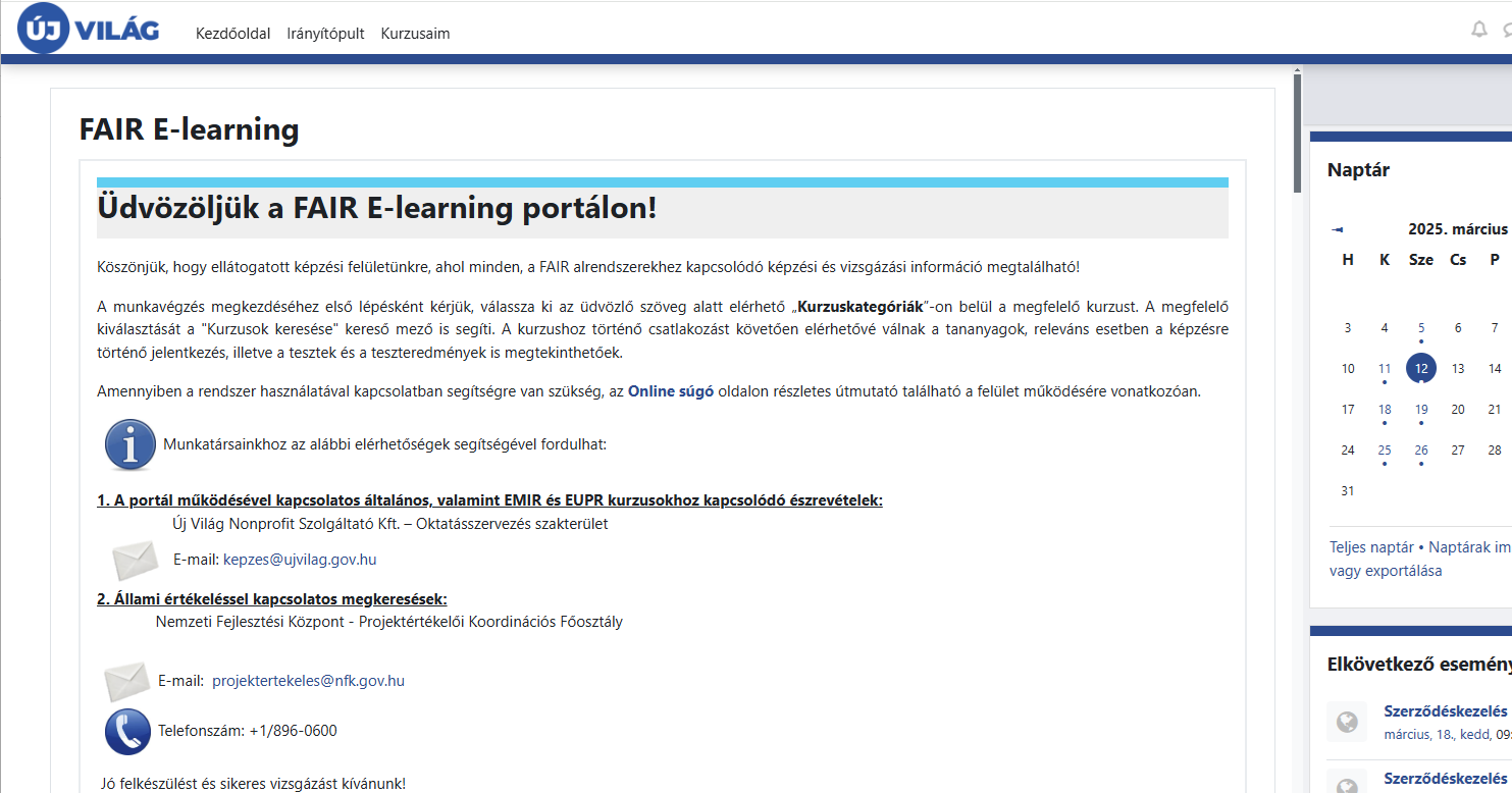FAIR E-learning kezdő oldal