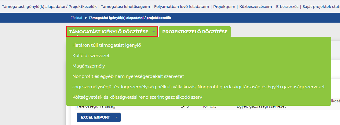 támogatást igénylők rögzítése